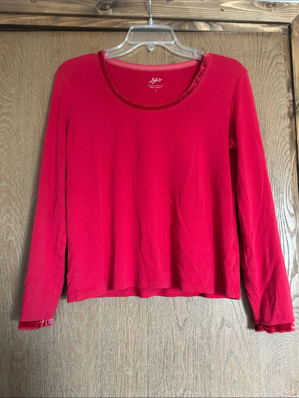 J. Jill Bright Red Long Sleeve Tee with Velvet Trim